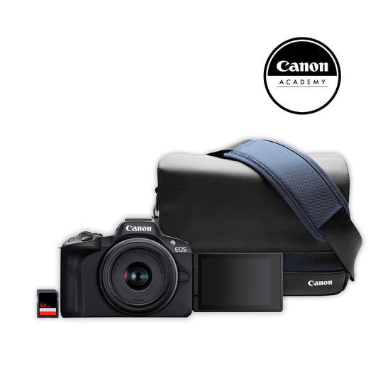 Kit Cámara Canon R50 18-45mm con Memoria Estuche y Curso + Accesorios de REGALOS -OPEN BOX-