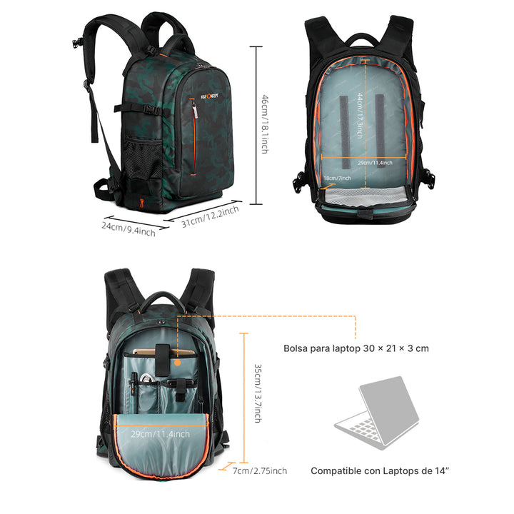 Mochila Backpack K&F Travel 25L Impermeable Verde/Negro - Profoto