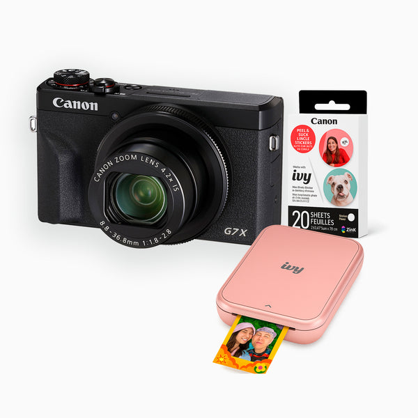 Cámara Canon G7X Mark III + Impresora Ivy Rosa + 20 Hojas Stickers