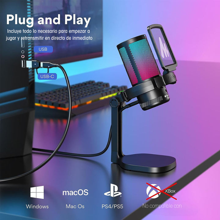 Micrófono USB RGB para juegos, Plug & Play, botón de silencio y ganancia  con un solo clic, para PC, Mac, PS4, PS5, micrófono de condensador  cardioide